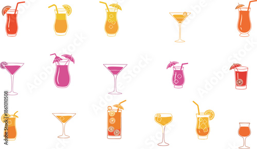 colorful cocktail drink collection, summer tropical beverages, margarita martini mojito icons, bar party alcohol illustration, refreshing mixed drinks, citrus garnish, ice glass art