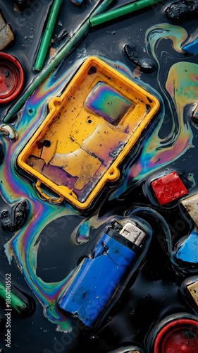 Plastic trash floating in dark oil spill with rainbow sheen. Debris including lighter and straws in toxic polluted water. Environmental pollution concept