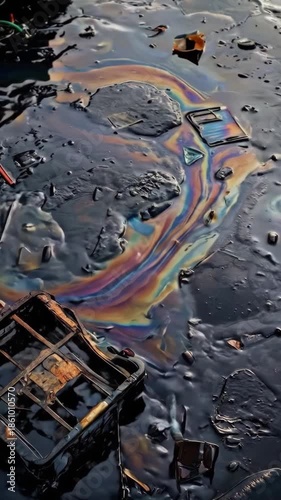 Toxic oil spill floating on water surface with plastic debris. Iridescent rainbow sheen on dirty sludge with a crate. Environmental pollution concept