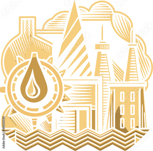 Golden industrial landscape with oil droplet symbol and factory buildings