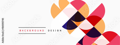 Abstract geometric shapes overlap, creating vibrant background. Colors include pink, orange, purple, navy. Minimalist design feels modern, clean.