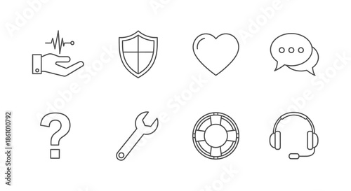 collection of linear icons representing healthcare support technology and service a silhouette