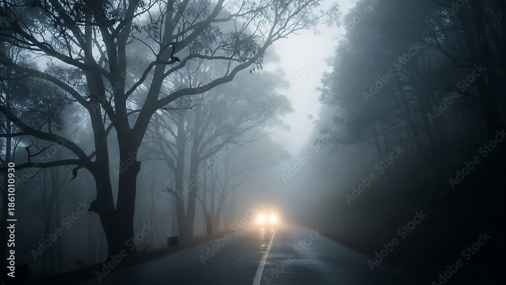 Fototapeta premium Foggy forest road with headlights approaching.