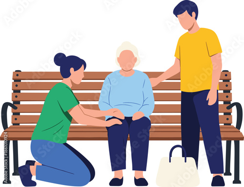 Elderly woman sitting on park bench receiving care and support, helpful people comforting senior, family compassion, healthcare assistance, kindness empathy illustration