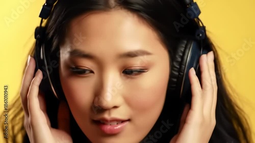 A young woman with dark hair and makeup wears headphones against a yellow background, her expression relaxed. She looks down