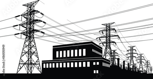 Electric power station with high voltage transmission towers, energy distribution grid infrastructure, industrial electricity network, utility power supply illustration background