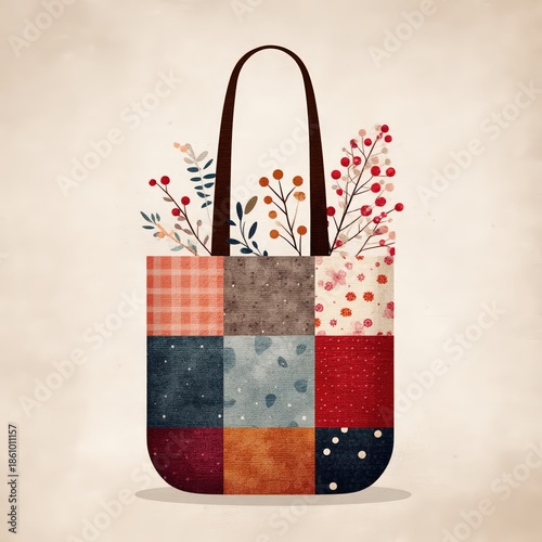 A colorful patchwork tote bag filled with whimsical flowers, blending art and functionality in a charming design.