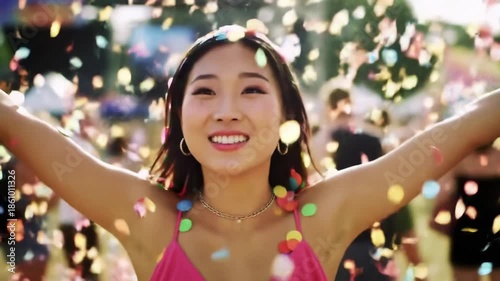 A young woman with outstretched arms smiles as colorful confetti falls around her. She wears a pink top and gold jewelry. People are blurred in background