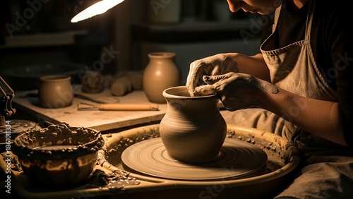 Potter shaping clay on wheel.