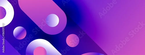 Abstract background features vibrant purple, pink, blue gradients. Spheres overlap creating dynamic visual effect. Modern design elements present.