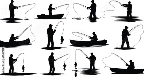 fisherman silhouettes fishing, catching fish from boat and water, outdoor angling sport scene, lake river nature illustration, hobby adventure artwork