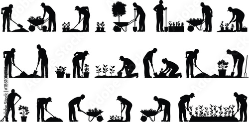 gardening people silhouette working in garden, planting, digging, watering plants, wheelbarrow and tools, agriculture farmer activity vector illustration, outdoor nature scene