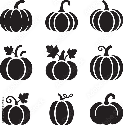 Black silhouettes of various pumpkins and gourds with stems and leaves