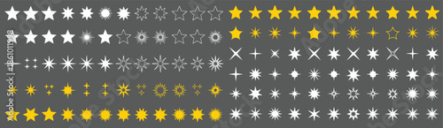 Abstract star shapes and sparkle icons vector set. golden symbols for rating and decoration on black background.
