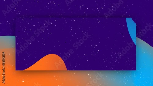 Abstract digital artwork featuring a deep blue central rectangle with a textured effect, orange and blue gradients fill space