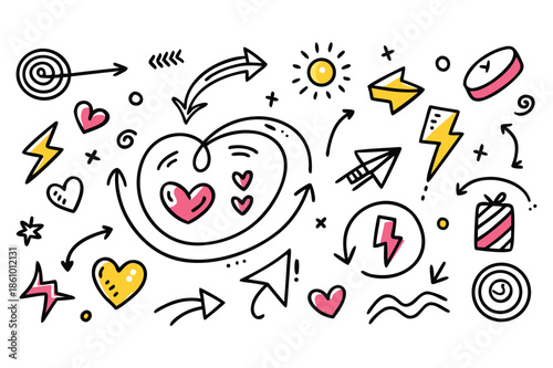 Abstract doodle elements with hearts arrows and lightning bolts Keywords: heart, arrow, lightning