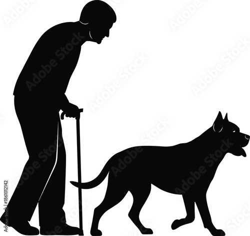 Black silhouette of an elderly man with walking stick and dog companion vector illustration isolated on white background for graphic design