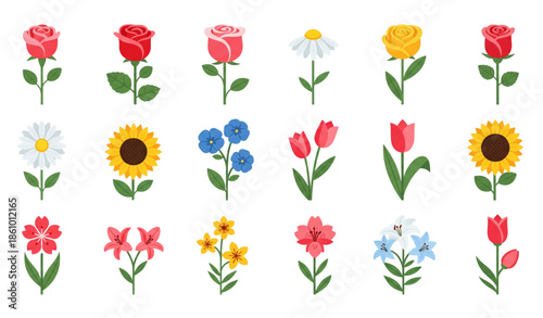 Flower icons vector set with isolated flat design elements for graphic projects isolated on white background