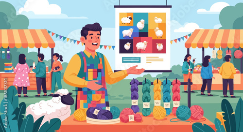 Farmer Selling Wool Products at Outdoor Market Stall.