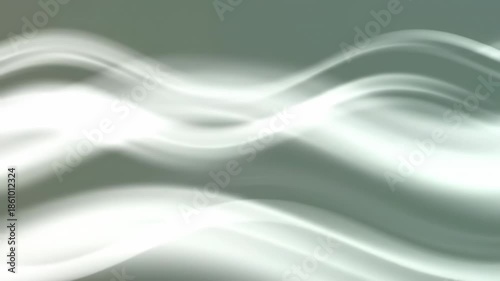 Abstract image depicts layered flowing shapes in white, grays, and green. Light and airy with a sense of movement and softness. The overall feel is ethereal