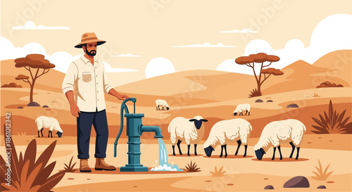 Farmer watering sheep at a well in a dry landscape.