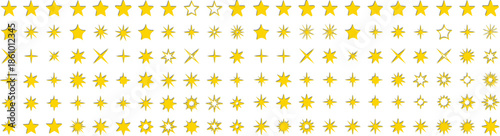 Set of star and sparkle golden symbols for rating and decoration.