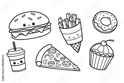 Kawaii Doodle Fast Food and Dessert Items Collection Keywords: fast food, dessert, kawaii