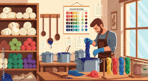 Man dyeing yarn in a workshop with colorful supplies.