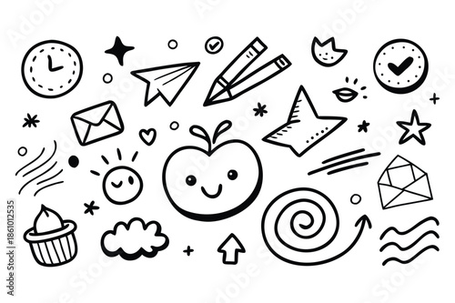 Whimsical Doodle Collection with Happy Apple and School Elements drawing sketch