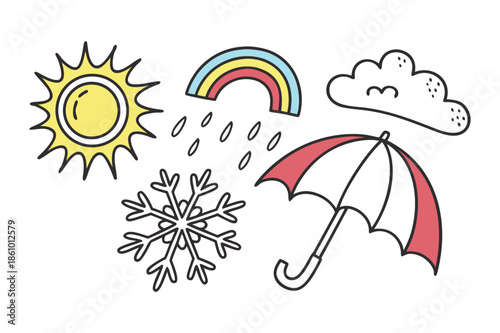 Weather Elements Doodle Collection with Sun, Rain, Snow, and Umbrella Keywords: weather