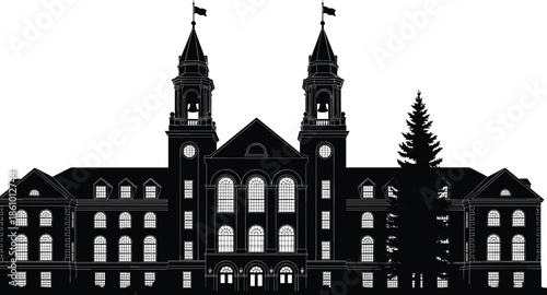 Historic university building silhouette with clock towers, vintage architecture landmark, academic campus institution, classical educational structure, heritage college exterior illustration design