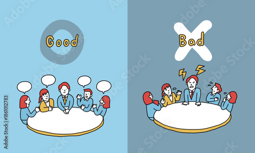 組織を活性化させる良いマネージャーと高圧的で萎縮させるマネージャーの比較イラスト