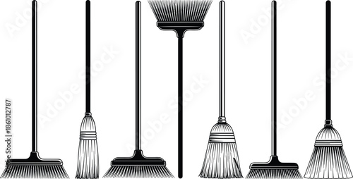 House cleaning broom set illustration, household sweeping tools, different broom designs collection, domestic cleaning equipment silhouette, home maintenance, sanitation, vector graphic