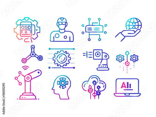 Artificial Intelligence and Machine Learning Icon Set featuring Neural Networks, Deep Learning, and Smart Technology Elements for Tech Development and Innovation