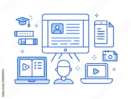 Education and Digital E-Learning Icon Set featuring Online Courses, Video Tutorials, Virtual Graduation, and Academic Success Symbols