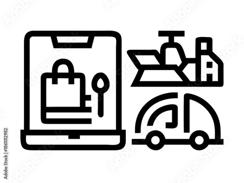 Food Delivery Black and White Outline Icon Set for Restaurant Apps, Takeaway Services, Online Ordering, and Courier Logistics