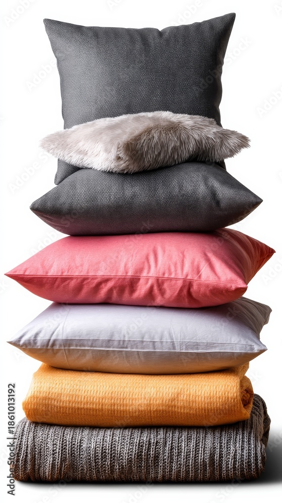 Obraz premium Stack of decorative pillows on a folded blanket with diverse textures and colors against a neutral background