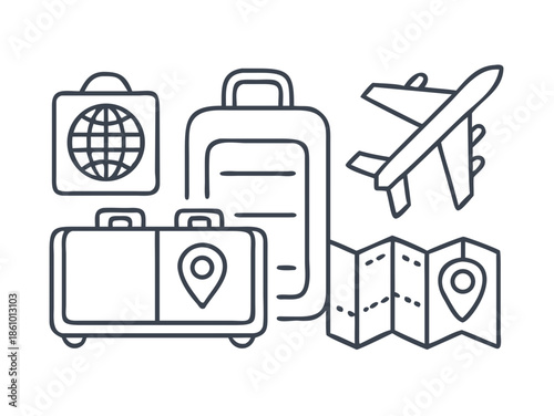 Travel and tourism vector icon set with airplane, hotel, suitcase, and world map elements for global vacation planning and holiday marketing materials.