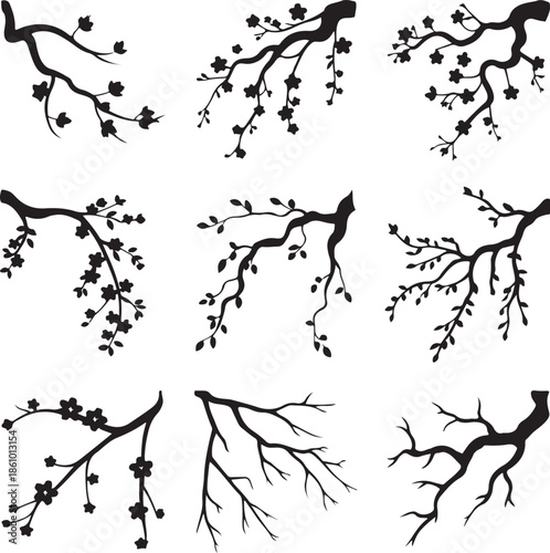 set of black silhouettes of tree branches with leaves and flowers