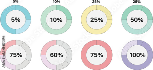 Vector collection of colorful donut chart indicators showing percentage progress data.