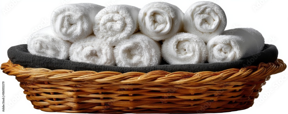 Obraz premium A woven basket filled with neatly rolled white towels, creating a clean and inviting atmosphere perfect for relaxation or hospitality settings