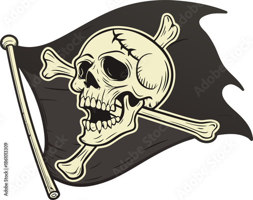 Grunge Jolly Roger pirate flag vector with skull symbol, distressed texture, isolated on transparent background for pirate, adventure, and nautical designs.