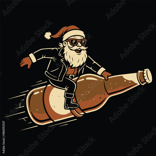 Biker Santa Riding Flying Beer Bottle Retro Illustration