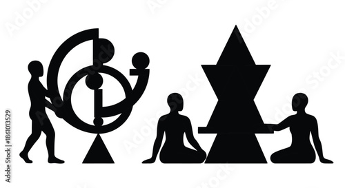 People interacting with abstract geometric sculptures in modern setting