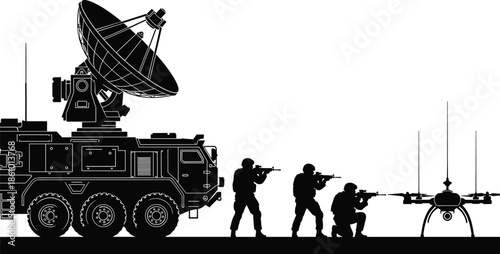 modern military operation scene with satellite truck soldiers and surveillance drone, battlefield technology silhouette illustration, defense communication and tactical warfare concept