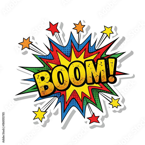 Boom! Comic Book Explosion Sound Effect with Stars and Dots - Retro Style