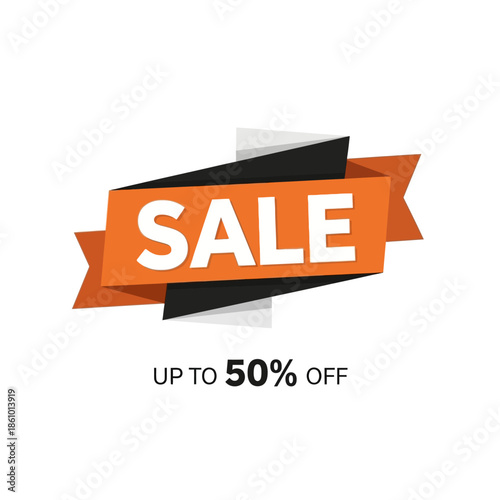 Sale Banner Up to 50% Off Discount Promotion Orange Ribbon Isolated White Background