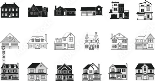 modern residential house illustration set, suburban home architecture collection, family housing facade vector design, real estate property icons, black and white artwork