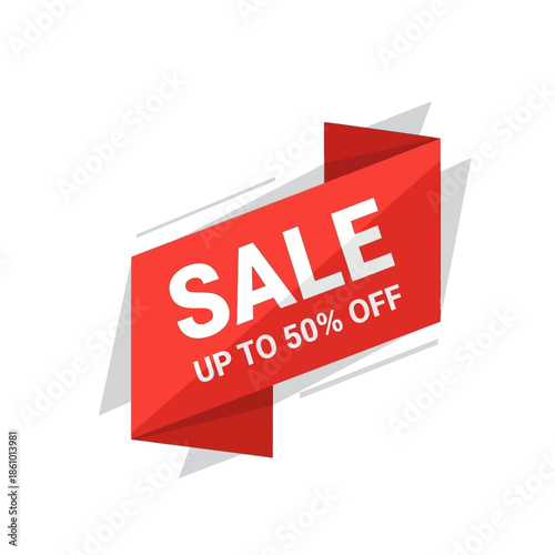 Red sale banner with 50% off discount text, promotional ribbon for advertising