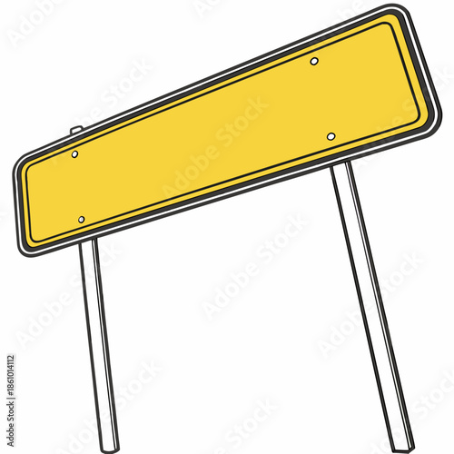 A vector illustration of a blank yellow rectangular sign with a black border, tilted at an upward angle. It is supported by two thin white poles and features four small mounting bolts in the corners.